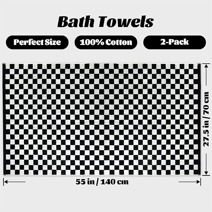 Jacquotha Black and White Checkered Cotton Bath Towels Set of 2 | Cute Aesthetic Towels for Bathroom Decor, Pool, Beach, Spa, 27.5" x 55"
