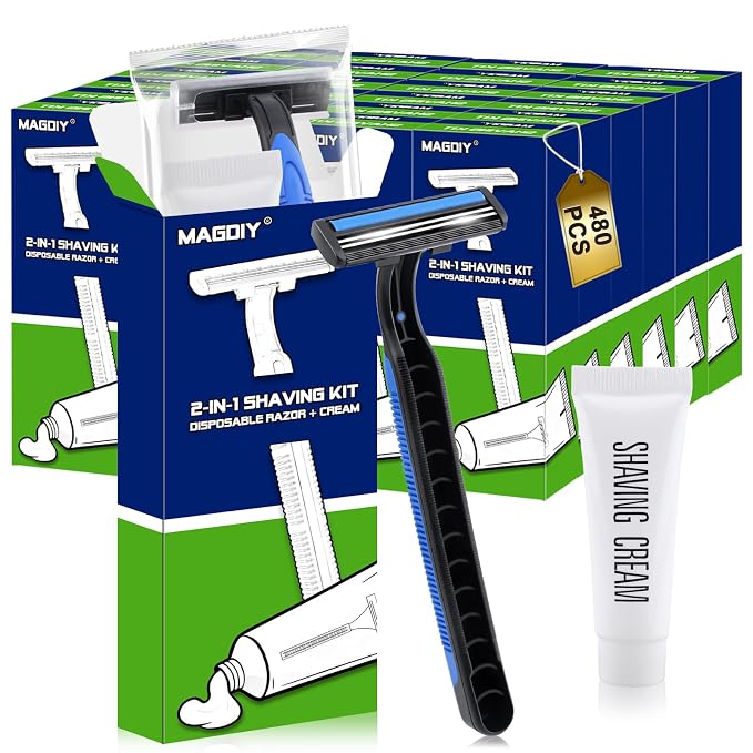 480 Pack Disposable Razors Bulk for Men with Shaving Cream, Shaving Kit for Men, Homeless Supplies Bulk, Individually Wrapped Twin Blade Razors Travel Cream for Hotel Airbnb Shelter Camping