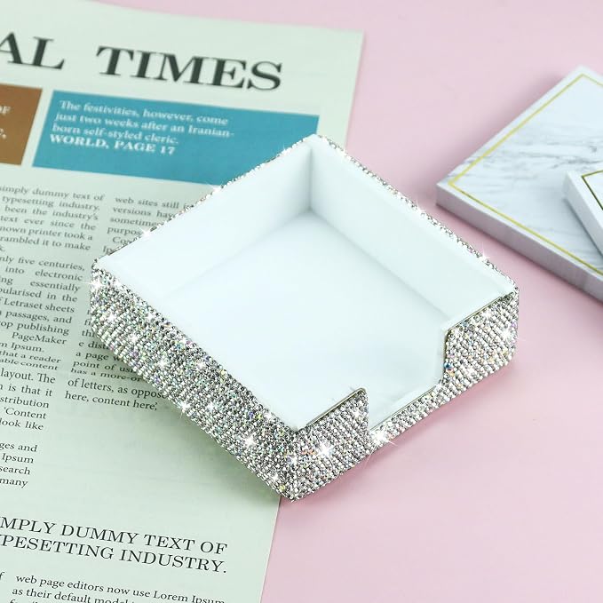 Buqoo 2 PCS Bling Crystal Handmade Diamond Sticky Note Holder and Tape Dispenser Office Supplies Dazzling Rhinestone Bling Desk Accessories for Women Office (Silver)