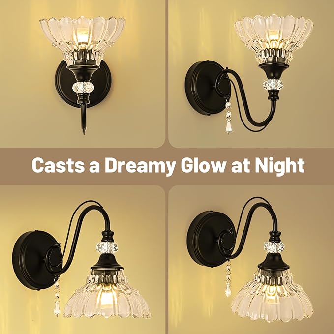 1 Piece Black Wall Sconce, 1-Light Black Farmhouse Wall Sconce with Hanging Crystal Accents and Flower-Shaped Clear Shades for Bathroom Bedroom Living Room,Vintage Vanity Light
