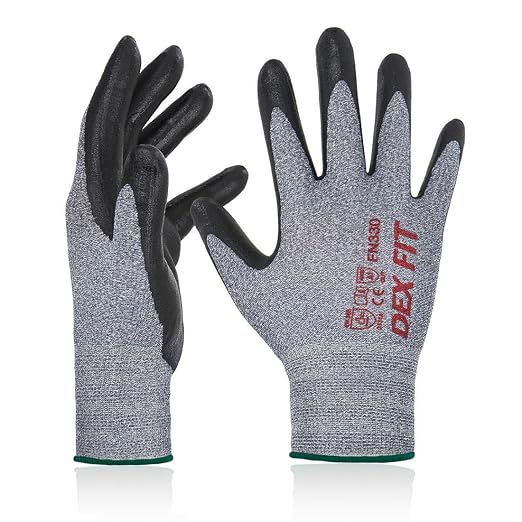 DEX FIT Nitrile Work Gloves FN330, 1 Pair, 3D-Comfort Stretchy Fit, Firm Grip, Thin & Lightweight, Touch-Screen Compatible, Durable, Breathable & Cool, Machine Washable; Grey M (8)