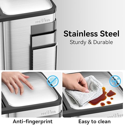 mVm 16 Gal 3 in 1 Kitchen Trash Can, Triple Compartment Garbage Can, Heavy Duty Anti Fingerprint Brushed Recycling Bin for Office Home