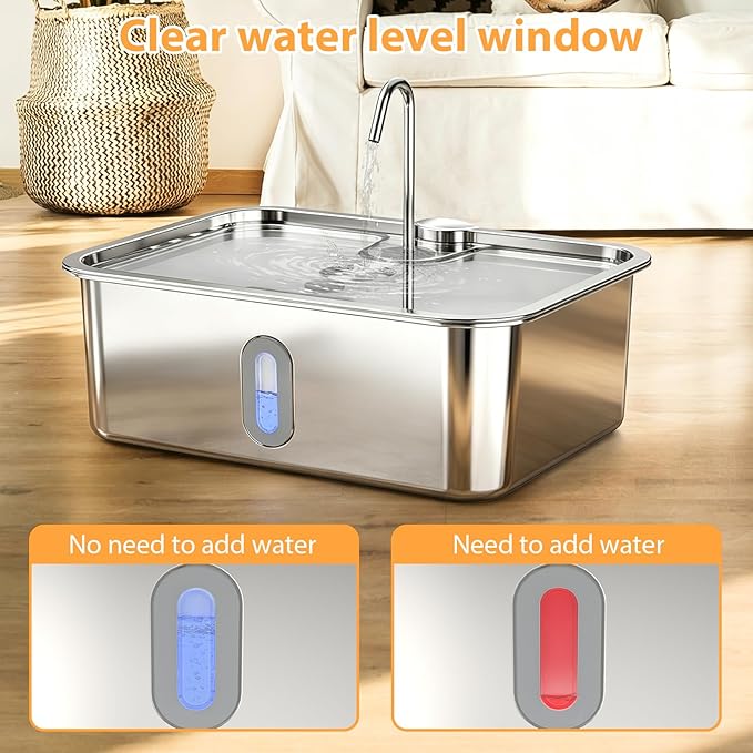 15L/4Gal Stainless Steel Dog Water Fountion Pet Fountain,1Set Filter | Ultra Quiet,Extra Large Capacity,5 Layer Filtration System,Water Level Window & LED Light, ,Visible Faucet Style Spout