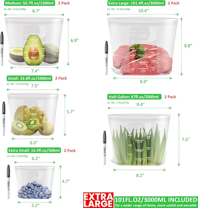 Premium Silicone Reusable Food Bags, Family Storage Set, 10 Pack, 100% Platinum Silicone Food Storage Bag Stand-Up Wide-Mouth Zip-Lock, Microwave Dishwasher Safe, 2XL/2L/2M/2S/2XS, Crystal-Clear