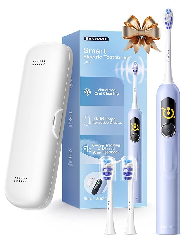 SAKYPRORAL Kids Electric Toothbrush for Boys Teens (6-15Y), Smart Screen with Brushing Score, Soft Bristles, Visual Timer for Braces, 150 Days Battery with Travel Case (Blue)