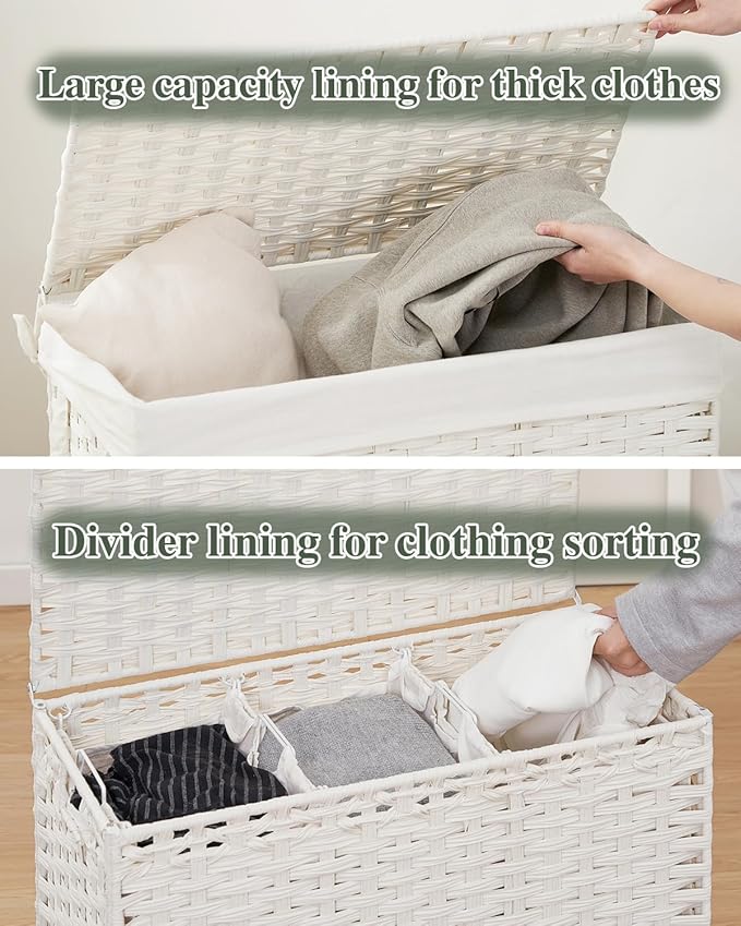 SETVSON Laundry Hamper with Lid Laundry Basket 132 L PE Rattan, White | Large Family Clothes Sorter Trunk with Lid, 3 Compartment Washable Liners, 6 Mesh Bags, Collapsible Steel Frame