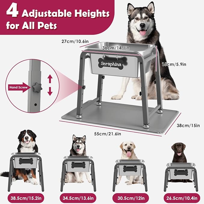 2.8 Gallon Elevated Large Dog Water Bowl with Mat, 4 Height Adjustable 10.4-15.2", Raised Dog Water Bowl Stand for Large Breed