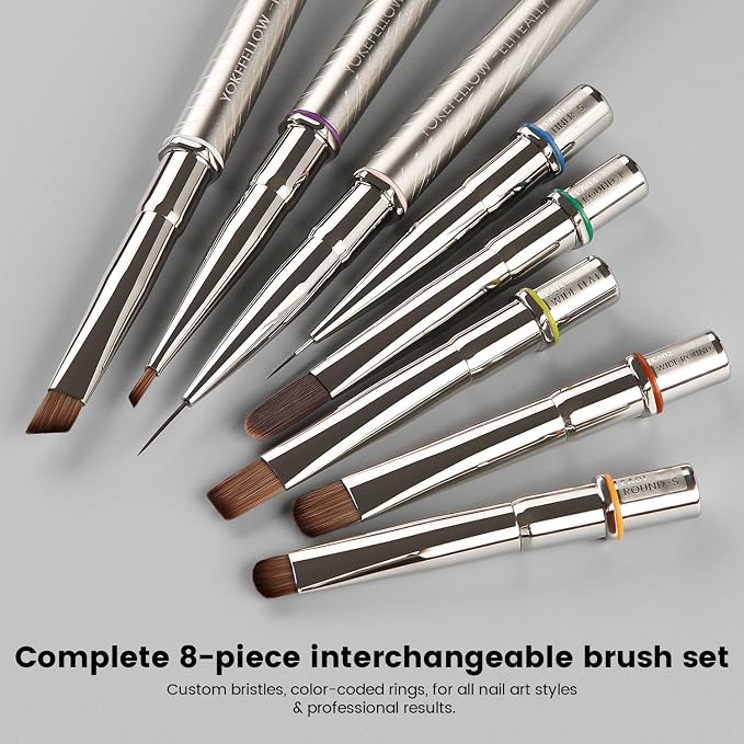 YOKEFELLOW EliteAlly Nail Art Brushes, 8pcs Nail Art Tool Set with Brush Holder, Gel Nail Brush,Extension Brush, French Tip Brush, Liner Brushes for Gel Polish Design Supply(EAkit-01)