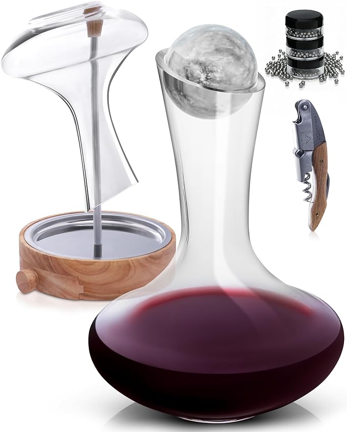 Gusto Nostro Crystal Wine Decanter Set with Drying Stand, Corkscrew, Marble Stopper, Cleaning Beads - 750ml Hand Blown Glass Wine Carafe Decanter with Stopper - Luxury Gift Set for Decanting Red Wines