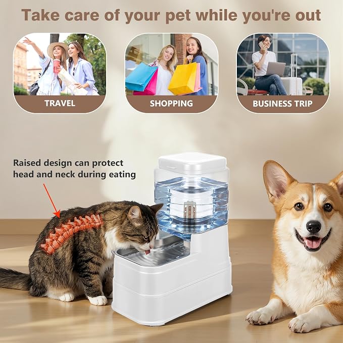 1.1 Gallon Pet Automatic Dog Water Dispenser Cat Gravity Waterer Feeder with Stainless Steel Bowl 8L Large Capacity Puppy Feeding Raised Bowls with Filter,Ice Pack (White, 4L(1.1 Gallon))