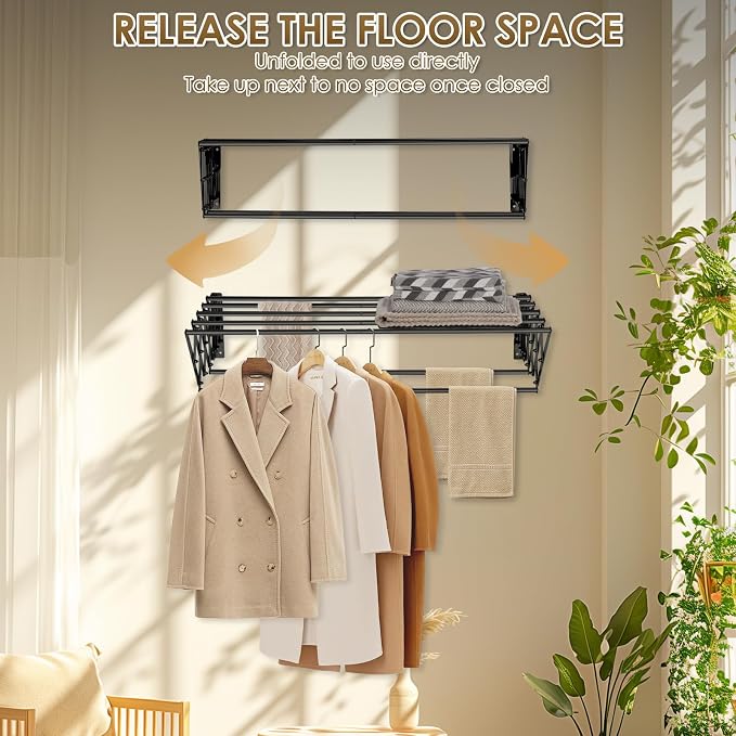 XL-31.5" Wall Clothes Drying Rack, Retractable Mounted Rack Black | 7 stainless rods, staggered for faster drying. Rustproof. Expands to 25.6"D. Folds flat for storage. Mounting hardware.