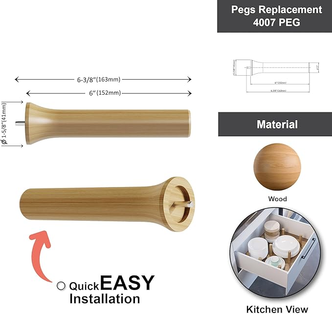 Dowell 4-Piece Wooden Pegs for Pegboard -Drawer Organizer – Adjustable to Fit of Various Sizes, Customizable Storage for Pots, Pans, and Plates-4007 PEG -4Pack(PEG4)