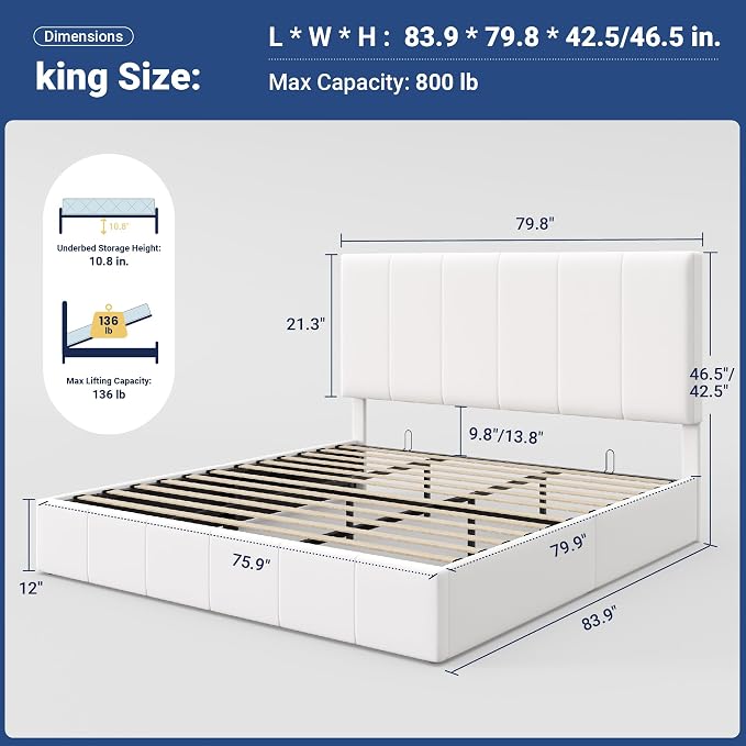 Allewie King Size Velvet Lift Up Hydrualic Storage Bed Frame, White | Vertical Channel Tufted Headboard, Hydrualic Underneath Storage, Upholstered Platform Bed, No Box Spring Needed