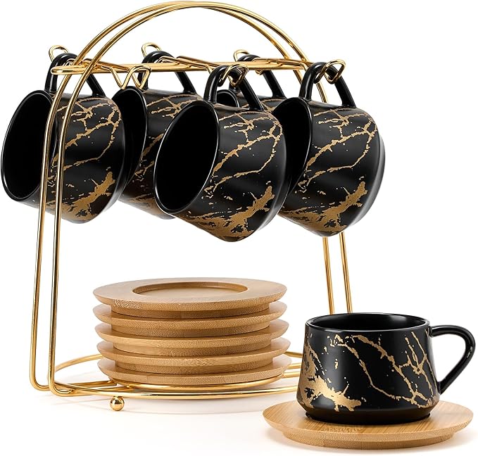LUKA Ceramic Espresso Cups with Saucers and Metal Stand, Small 4 oz Porcelain Demitasse Cups Set of 6, Cute Cappuccino Coffee Cups for Double Espresso, Tea, Marbling Black
