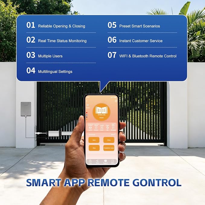C05 Automatic Smart Gate Opener Kit with APP for Medium Duty Single Swing Gate Up to 770lbs 16FT, 24V 60W AC Powered Motor Electric Driveway Gate Opener with 2 Long-Range Remotes Complete Kit