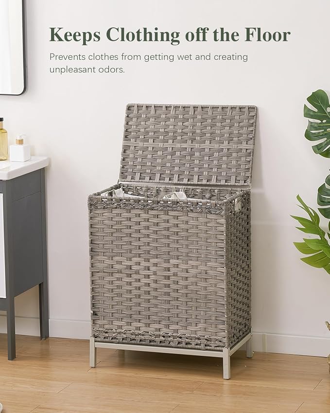 SETVSON Laundry Hamper with Lid, 112 L Handwoven PE Rattan Wicker, Gray | 2-Section Large Basket, 2 Removable Liner Bags, Heightened Metal Feet, 6 Mesh Laundry Bags, Foldable Side Handles
