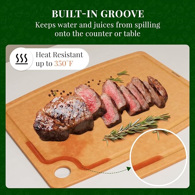 Kikcoin Wood Cutting Board, Cutting Boards for Kitchen Dishwasher Safe Non-slip Chopping Board with Juice Groove, Wood Fiber Composite Cutting Board with Hanging Hole, 17.3"*12.8"