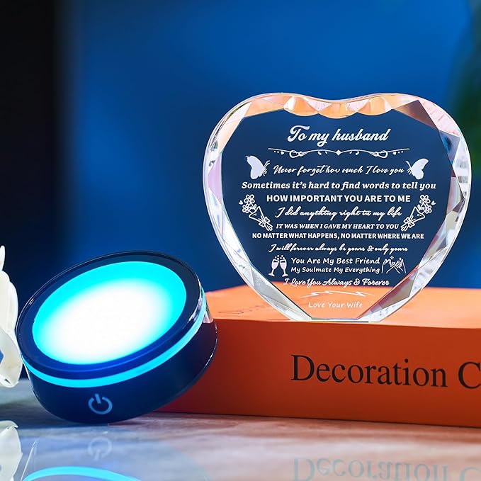 Romantic Crystal Gifts for Husband, I Love You Keepsake with Colorful LED Base, Best Anniversary & Birthday Present for Him,Fathers Day Valentine's Day Christmas Gift Ideas for My Man