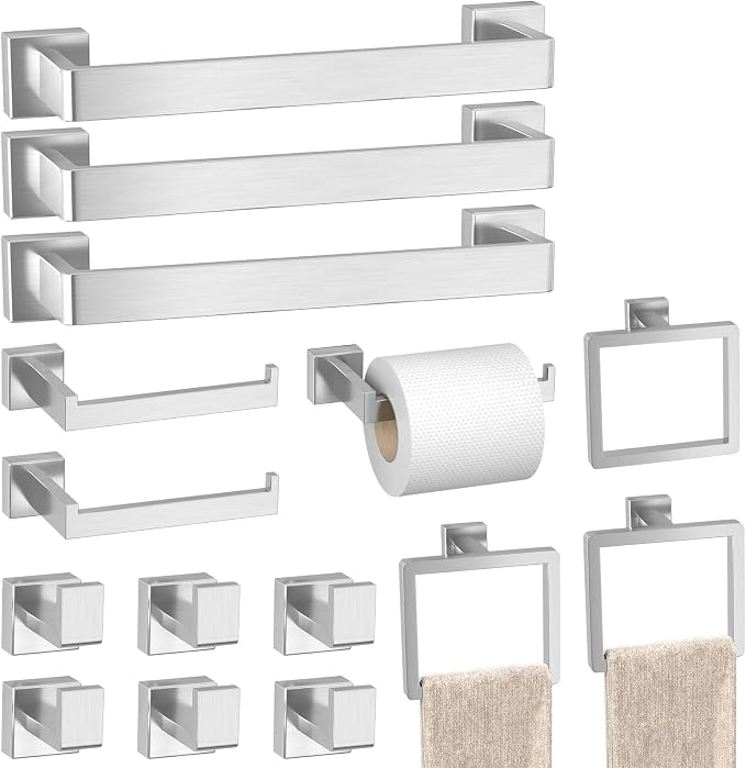 Bathroom Accessories Towel Bar Set: 15 Pieces Brushed Nickel Square Bathroom Hardware SUS304 Stainless Steel - Wall Mounted Towel Rack&Toilet Paper Holder&Towel Ring and Towel Hook