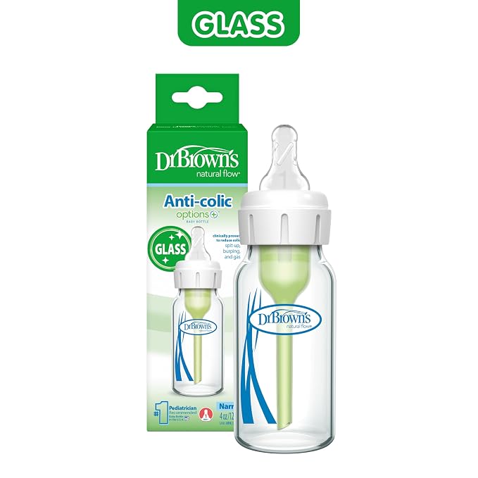 Dr. Brown's Anti-Colic Options+ Narrow Glass Baby Bottle with Level 1 Slow Flow Nipple, BPA-Free, 4 oz/120mL, 0m+, 1-Pack (Packaging May Vary)