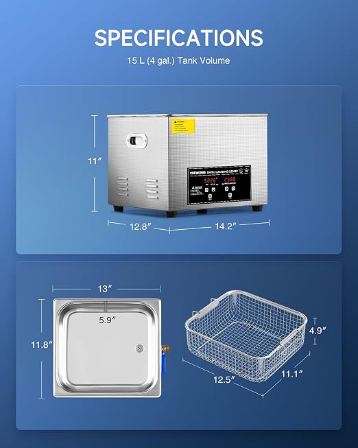 CREWORKS 360W 15L Stainless Steel Cleaning Machine, 4 gal Ultrasound Cleaner with Heater and Timer, Digital Sonic Cleaning Machine for Professional Jewelry Tool Watch Glasses Retainer Parts Cleaning