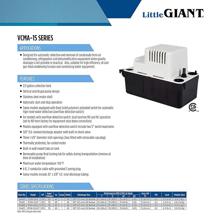 Little Giant VCMA-15ULST 115 Volt, 65 GPH, 1/50 HP Automatic Condensate Removal Pump for HVAC/Refrigeration Systems/Dehumidifiers with Overflow Detection Switch and 20-Foot Tubing, Black/White, 554415