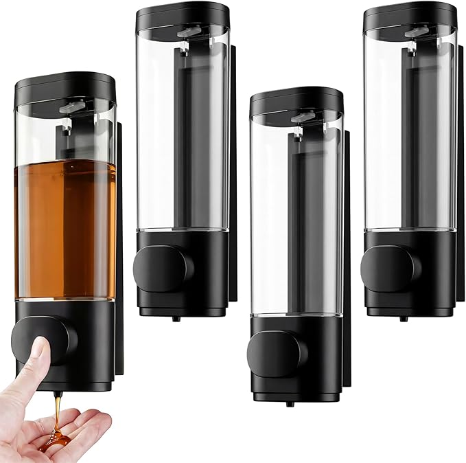Junkin 4 Pcs Manual Bathroom Wall Mounted Soap Dispenser, 300ml Black Kitchen Bathroom Commercial Shower Clear Refillable Soap Dispenser Clear Plastic Refillable Liquid Lotion Pump and Organizer