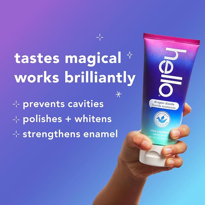 Hello Dragon Dazzle Blue Raspberry Kids Toothpaste, Fluoride Toothpaste, Ages 2+, No Artificial Sweeteners, No SLS, Gluten Free, Vegan, Pack of 12, 4.2 OZ Tubes