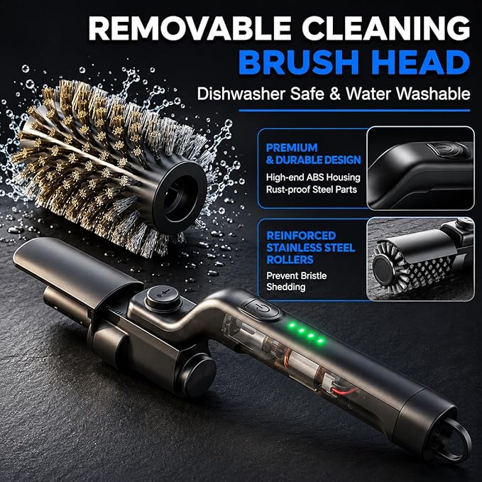 Electric Grill Cleaner, Rechargeable Cordless Grill Brush with 24kg High Torque, 3-Speed Cleaning, Adjustable Head & USB-C Charging for Outdoor BBQ, Camping, Patio Cooking and Grill Grates