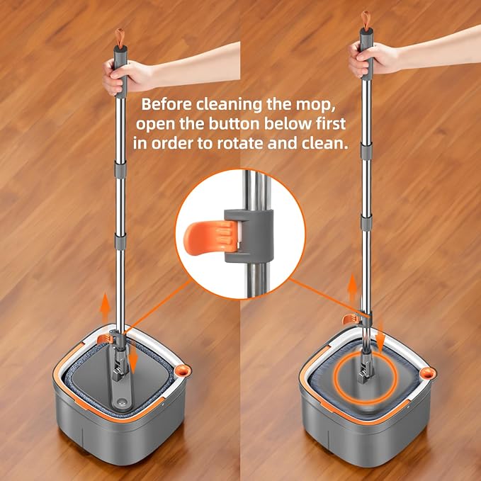 Spin Mop and Bucket Set with Self Separation Dirty and Clean Water System, Square Mop Bucket Self Wringing 360° Rotating Clean Floor Mop-Head for Hardwood Tile Marble Floors-with 14Pads