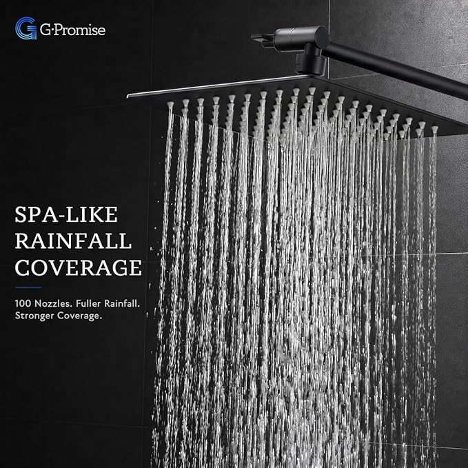G-Promise All Metal 8 Inch Dual Square Shower Head with Handheld Spray Combo, Rain Shower Head, Adjustable Extension Arm, 3-Way Diverter, 71 Inch Extra Long Hose - A Bathroom Upgrade (Matte Black)