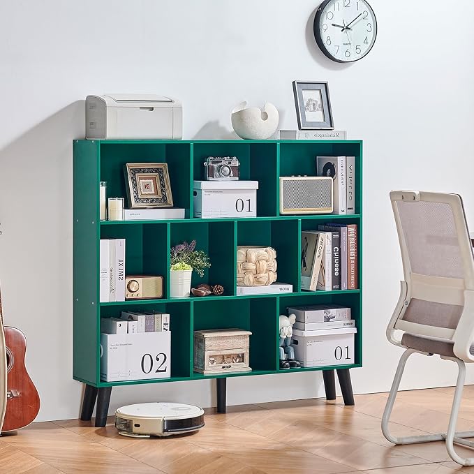 LEYAOYAO 10 Cube Bookshelf,Mid-Century Modern Bookcase with Legs,Dark Green | 3 Tier Book Shelf,Rustic Wood Bookshelves Freestanding Large Storage Organizer, Open Shelves for Bedroom, Living Room, Office