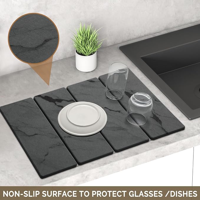 Large Stone Dish Drying Mat for Kitchen Counter, 2 PCS Quick Dry Stone Mats, Foldable Water Absorbing Diatomaceous Earth Drying Dishes Pad for Countertop Bottles Utensils Cup(Dark gray 24"x16"&8"x4")