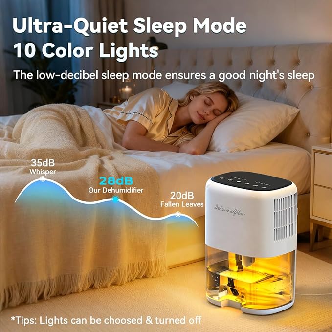 Small Dehumidifier for Home 44OZ Quiet with Auto Off & Defrost 5 Timers 3 modes 10 Color Lights 3 Brightness 260 Sq.ft Portable Dehumidifiers for Basement Bedroom Bathroom RV Closet