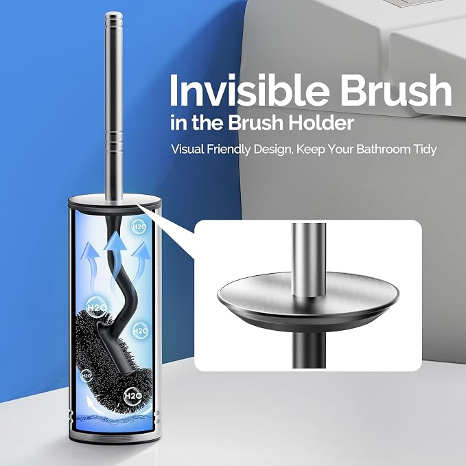 HAMITOR Toilet Brush and Holder Set: 304 Stainless Steel Heavy Duty Deep Cleaning Bowl Cleaner Brush with Curved Bristle - Wall-Mounted for Home Apartment Bathroom Accessories Silver 1 Pack
