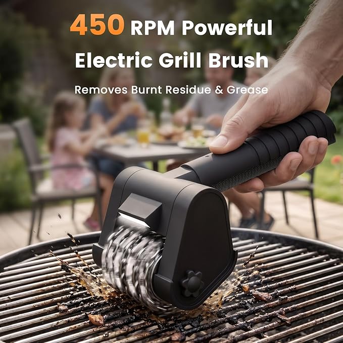 Electric Grill Brush BBQ Grill Cleaning Brush 450 RPM Stainless Steel Removable Head Type-C Rechargeable with LED Light Grill Cleaner Brush
