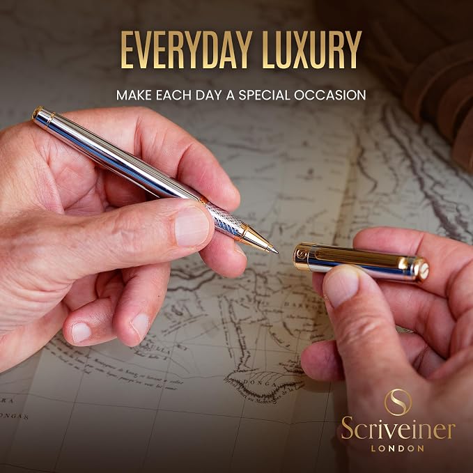 Scriveiner Silver Chrome Rollerball Pen - Stunning Luxury Pen, Real Gold Plating, Schmidt Ink Refill, Best Roller Ball Pen Gift Set for Men & Women, Professional, Executive Office, Fancy Pens