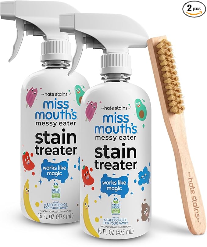 Miss Mouth's Messy Eater Stain Treater Spray 2-Pack 16oz & Laundry Brush Set - Stain Remover for Clothes & Delicates - Baby & Kids Pre-Treat Kit - Fabric Scrub Brush for Spot Cleaning - Bundle