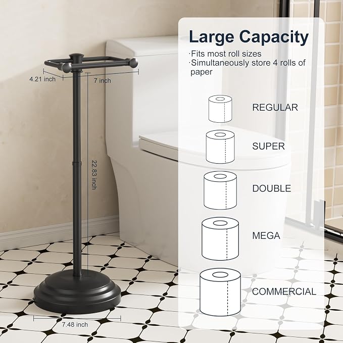 Bathroom Toilet Paper Holder Stand, Matte Black Toilet Paper Holder Free Standing, Stainless Steel Pivoting Toilet Tissue Roll Holder，Adjustable Height (14 to 24 Inch) Paper Holder