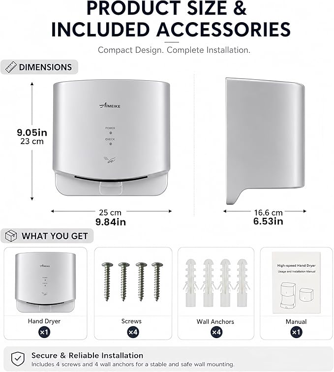 Automatic Commercial Hand Dryer, 110V 1300W High Speed Wall Mounted Hand Dryer for Bathroom, 7–10s Drying, 100m/s Air Speed, 72dB, Plug-in or Hardwired, Silver