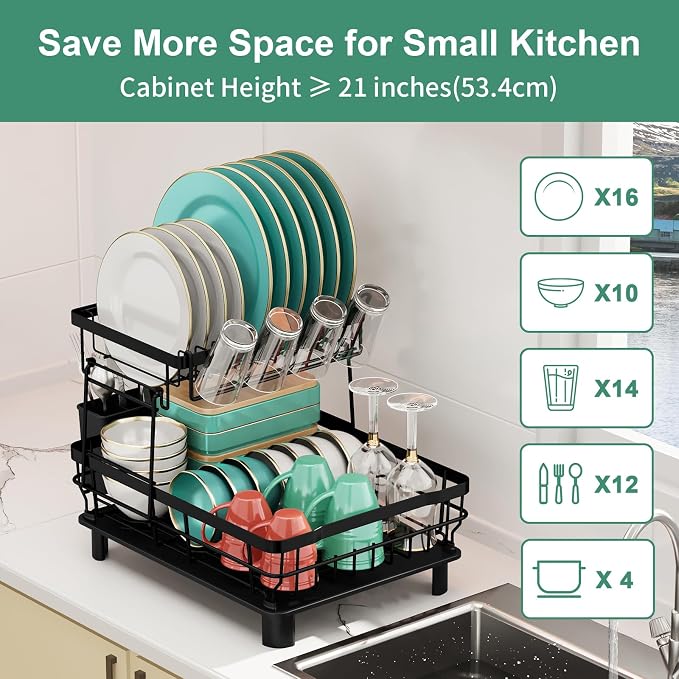 MOUKABAL 2 Tier Dish Drying Rack with Drainboard for Kitchen Counter, Black | 13×17 Large Capacity/Rustproof Stainless Steel/Fast Drainage Dish Drainer/Removable Utensil Holder/Kitchen Counter Organizer