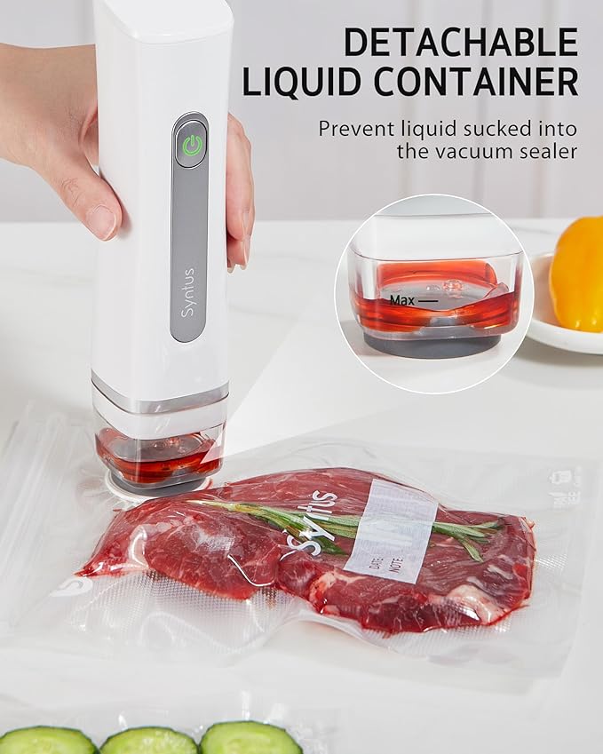 Syntus Compact Vacuum Sealer for Food with 30 Reusable Vacuum Seal Bags Set | 60kPa Suction Power, USB-C Charging Cable, Liquid-lock Tank, Upgraded Air Valve, Handheld Vacuum Pump