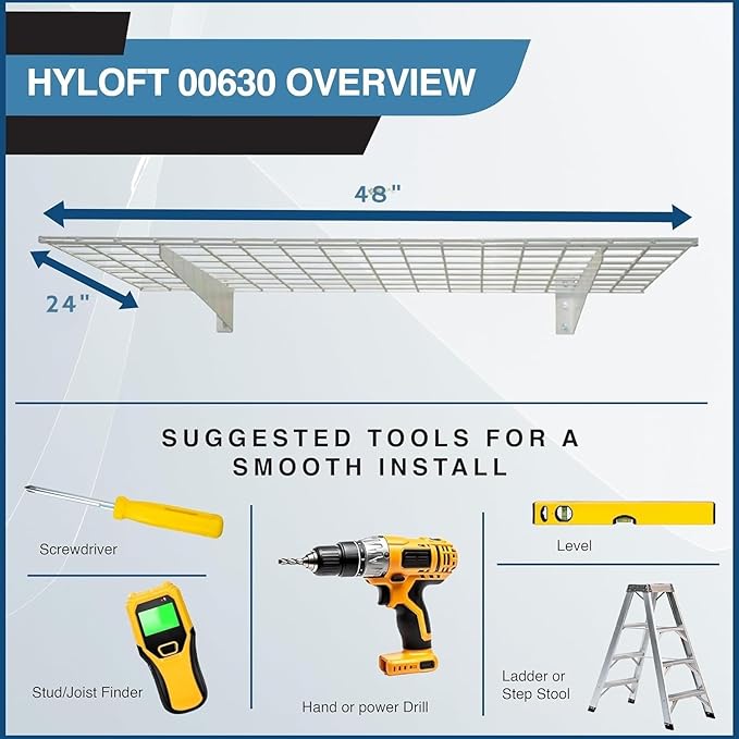 Hyloft 00630 2-Pack Heavy Duty Steel Wall Garage Shelving, 48-Inch X 24-Inch Wall Mounted Shelves for Garage Storage, Low-Profile Brackets, Max Shelf Load 150 Pounds, White Powder Coated Finish