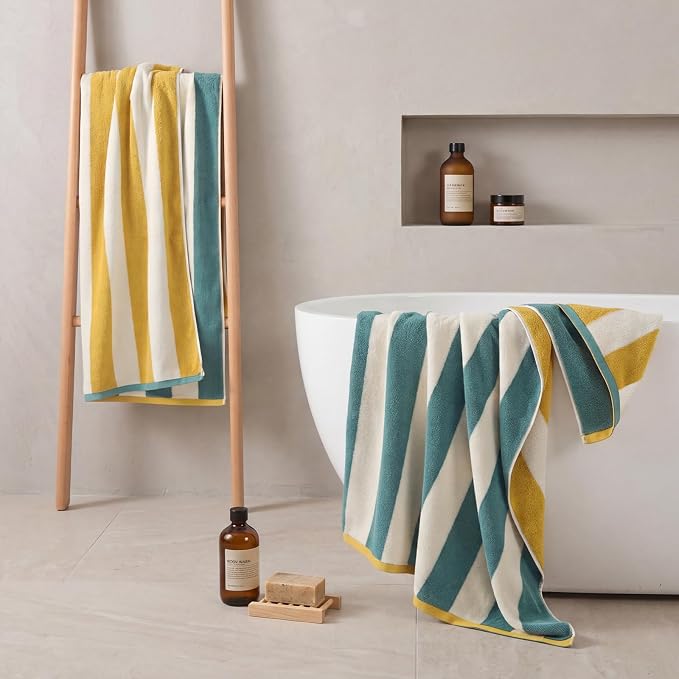 REDKISS 2 Pack Extra Large Striped Bath Towels, 31 x 63 Inches, 100% Cotton, Larger & Quicker to Dry, Super Soft and Highly Absorbent Towel, Perfect for Bathroom, Green