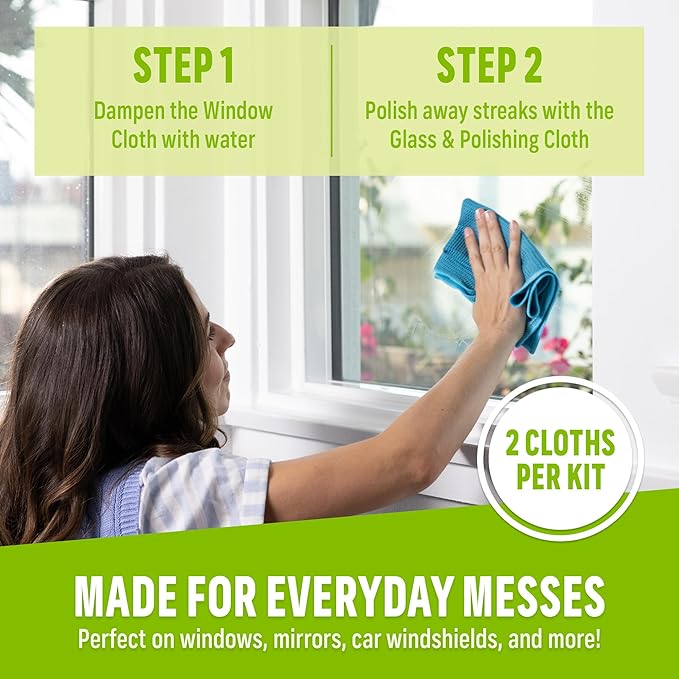 E-Cloth 3-Pack Window Cleaning Cloth - Streak-Free Glass & Mirror Cleaning Kit with Just Water, Glass Cleaning Cloth, Microfiber Towel Kit for Windows, Car Windshield, Mirrors - Alaskan Blue