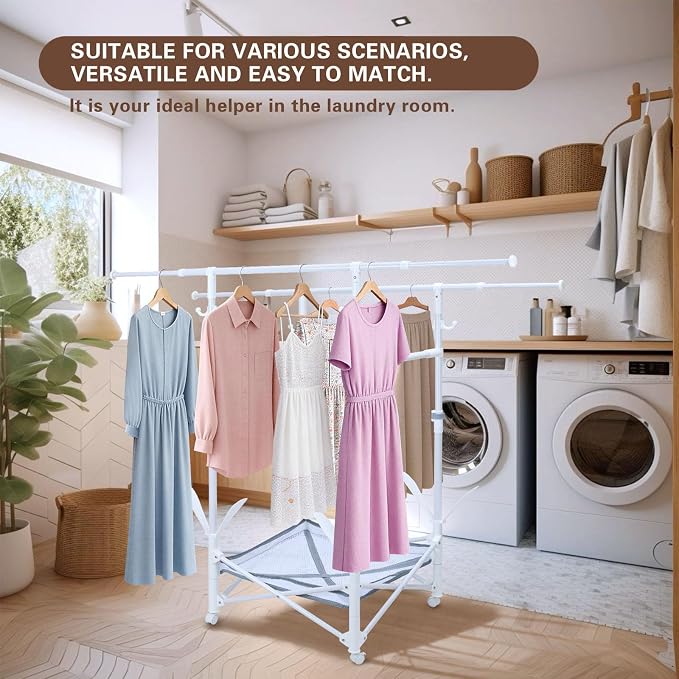 Foldable Clothes Drying Rack,Double Rod Extendable 33.1–56.7 Inches,Drying Rack Clothing with Wheels,Sweater Drying Net,Shoes Drying Rack,Hat Hanger