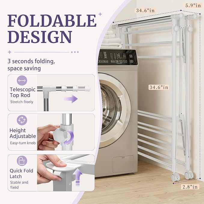 Clothes Drying Rack Foldable，Height & Length Adjustable Drying Rack | Large Drying Rack with 2-Tier Long Pole，Bedding，Lothing，Space Saving Drying Rack Clothing for Apartment，Balcony, White