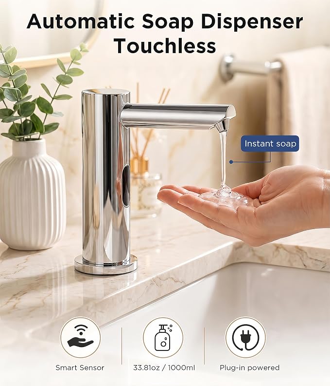 Automatic Touchless Soap Dispenser for Kitchen Sink, 33.81 oz Bottle | Built-In Electric Dish Liquid Soap Dispenser with Infrared Sensor, Plug-In Powered, Fits 1" Hole For Kitchen Bathroom