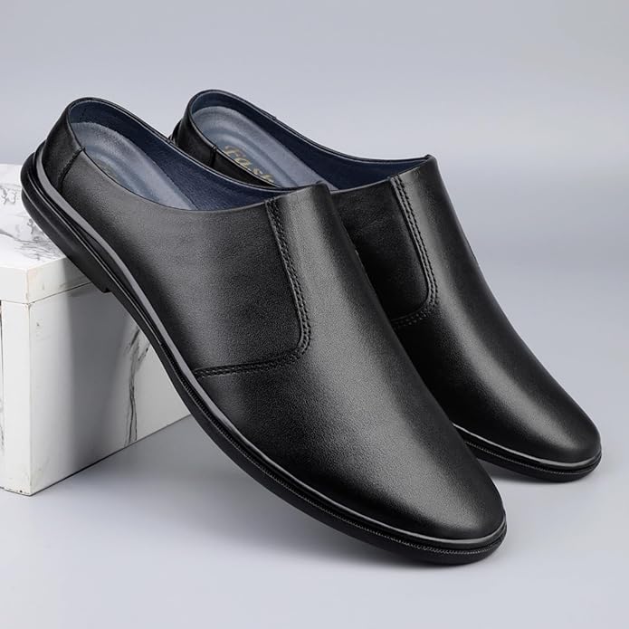 Men'S Leather Slippers Without Heel Straps Soft And Breathable Comfortable Hand-Sewn Casual Round-Toe Shoes Anti-Slip Sole Suitable For Daily Use Outdoor Activities Home Use Shopping