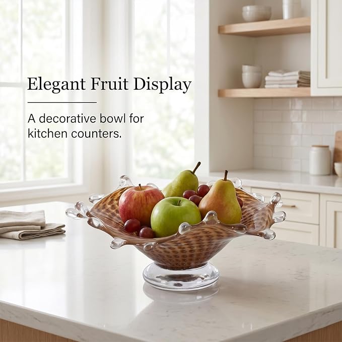 LCCCK Amber Glass Pedestal Fruit Bowl for Kitchen Counter, Hand Blown Glass Bowl Dining Table Centerpiece, Unique Candy Bowls for Office Candy Dish and Living Room Coffee Table Art Decorative